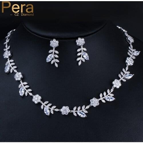 Pera Luxury Women Wedding Jewelry Big Flower Shape Cubic Zirconia Choker Necklace And Earrings Set For Bridal Accessories J034