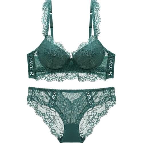 New Fashion Green Bra Set Push Up Brassiere Cotton Thick Gather Bras Women Lingerie Sets Lace Underwear Set Sexy ABCD Cup