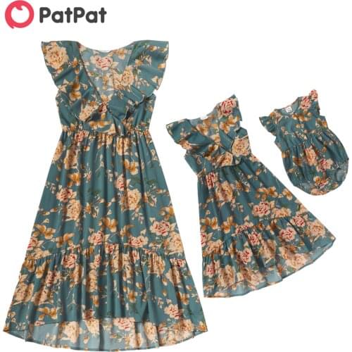 PatPat 2021 New Summer Mommy and Me Floral Print Flounce V-neck Sleeveless Dresses