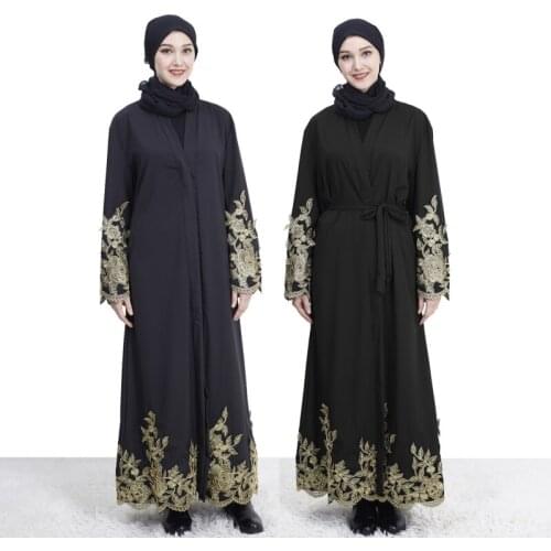 Muslim Dress Women Printed Lace Trimmed Front Abaya Long Dress Muslim Maxi Kaftan Kimono Dubai Islamic Clothing Abayas for Women