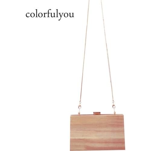 New 2019 Ladies Wood Shoulder Messenger Bag Simple Style Evening Clutch Bag Metal Hasp Weeding Party Handbag Solid Wood Wallets