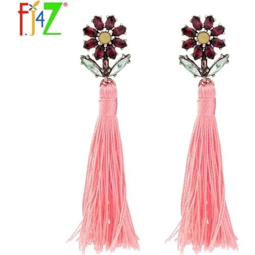 F.J4Z New Fashion Drop Earrings Crystal Faux stone Flower Green Pink Long Fringer Tassel Earring Jewelry for Woman Bijoux Femme