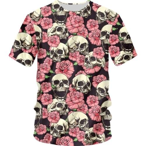 OGKB White 3D Skull Print Tshirt Mens O-neck T Shirts Summer Pink Flowers Short Sleeve Hip Hop Harajuku Oversized-t-shirt Men