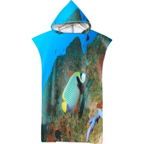 Blue Marine Life Colorful Fish Ocean Printing Microfiber Beach Poncho Towel Adults Soft Hooded Bath Towels