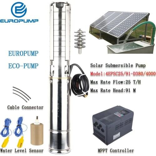 EUROPUMP 5.5HP 25000 LPH 91M High head deep well submersible no battery solar water pump for farm MODEL(4EPSC25/91-D380/4000)