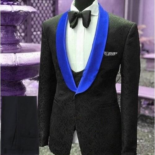 2020 Latest Desingh Black Pattern Men Suits Shawl Satin Lapel Groom Tuxedos Groomsmen Wedding Blazer Masculino Suit Men 3 Pcs