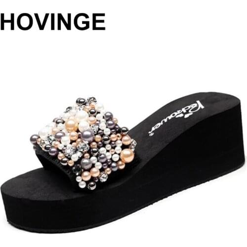 HOVINGE Women Sandals Summer Shoes Pearl Flip Flops Pearl Chain Slippers Women Casual Woman Shoes Wedge Platform Slippers Women