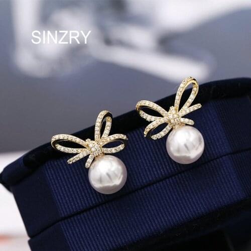 SINZRY clear cubic zircon bowknot Stud Earrings trendy simulated pearl sweety earring Fashion Jewellery