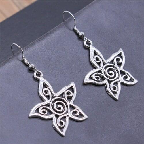 Vintage Antique Silver Color 33x30mm Hollow Carved Flower Charms Dangle Earrings Drop Earrings For Women