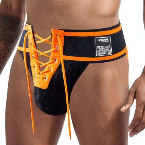 JOCKMAIL Sexy Costumes Thongs Mens Footballer Lace Up Jockstrap Rainbow ,3.15" Waistband Front Lacing, Gay Underwear String Open