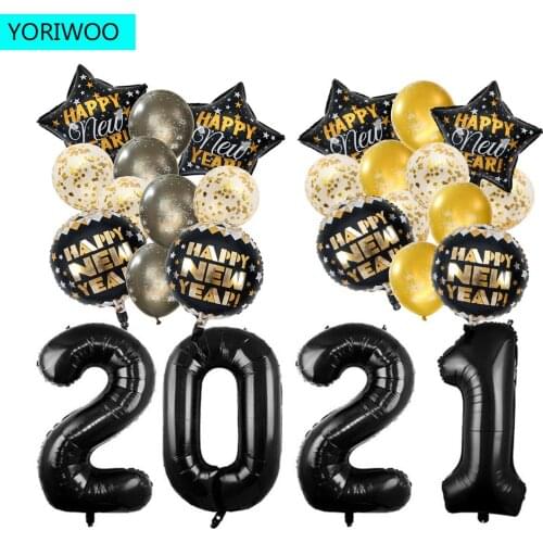 YORIWOO 2021 Happy New Year Balloon Confetti Merry Christmas Balloons Set Black Gold Latex Ballon Birthday Party Decorations Kid