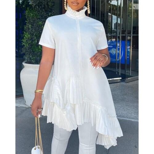 Women Solid Color Short Sleeve Blouse Turtleneck Ruffles Ruched Asymmetrical Top