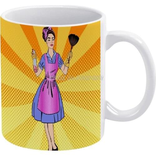 Woman Cleaning The House. Girl Doing House Work. Pin Up Girl. Pop Art. Style. Coffee Mugs Ceramic Tea Cup Milk Mug Warmer Person