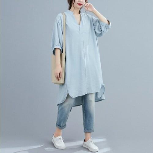 Johnature Casual Long V-neck Summer Womens Tops And Blouses 2021 New Korean Solid Color Loose Irregular Half Sleeve Shirts