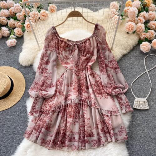 Autumn New Age Reduction Vestidos Womens Square Collar Puff Sleeve Retro Print Slim Chiffon Mini Dress with Wood Ears DK1322