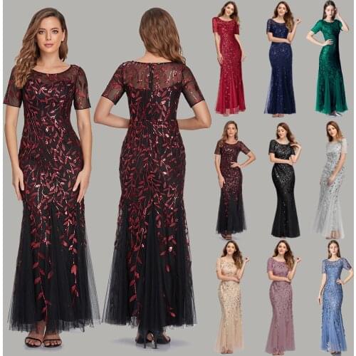 Gold Elegant Full Sleeved O Neck Sequined Evening Party Dress Stretch Floor Length Lining Bodycon Burgundy Black Maxi Dress