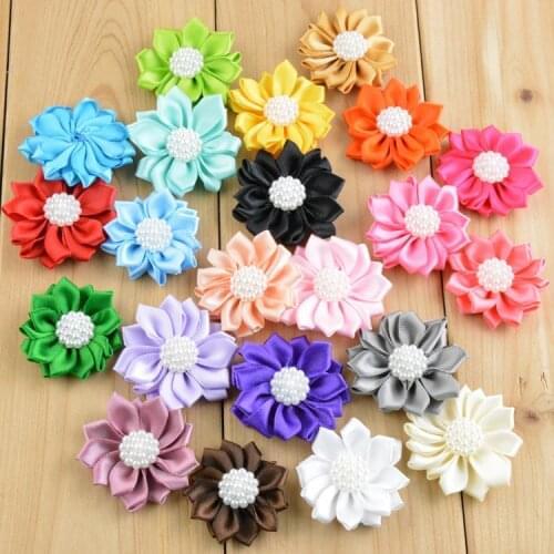 10PCS 1.6" Satin Ribbon Multilayers Fabric Flowers With Acrylic Pearl for Baby Toddler DIY Headwear Hair Accessories
