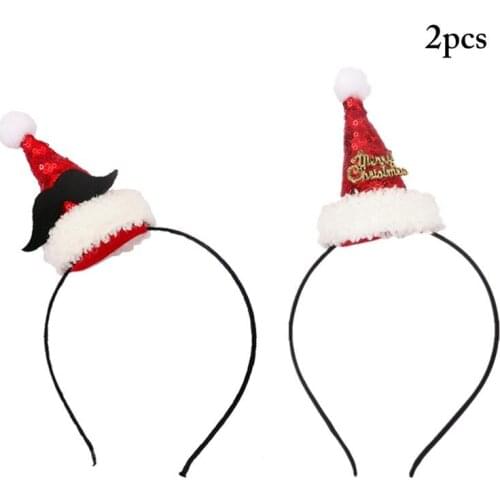 2Pcs/Set Christmas Headband Xmas Hat Decor Sequin Cute Hair Hoop Party Headband Dress Up For Girl Hair Accessories