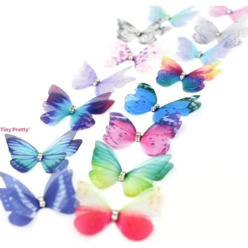 20PCS 3D Organza Butterflies w/ Rhinestone Chiffon Artificial Butterfly Appliques for Baby Hair Accessory, Party Decoration
