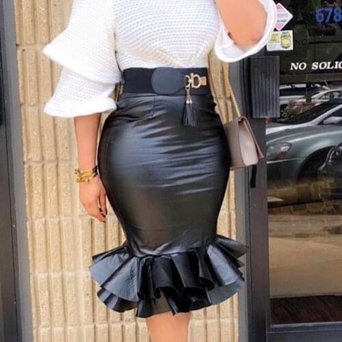 40GC Women High Waist Faux Leather Fishtail Bodycon Midi Skirt Shiny Solid Color Tiered Ruffle Hem Knee Length Package Hip Party