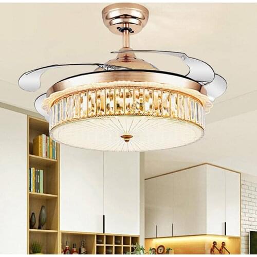 42" Led Invisible Gold Ceiling Fans Light Decorative Retractable Blade Modern Folding Fan Lamp Remote Control Hanging Lights