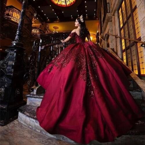 Burgundy Quinceanera Dresses 2021 Off Shoulder Party Princess Sweet 16 Gown With Appliques Sequins Lace-Up Vestidos De 15 Años