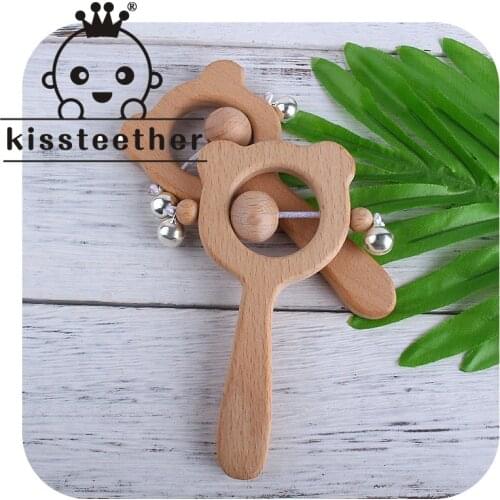 Kissteether Wooden Baby Rattle Toy Baby Toy Animal Bear Owl Beech Sensory Teethers Safe Hand Bell Rattle Montessori Stroller Toy