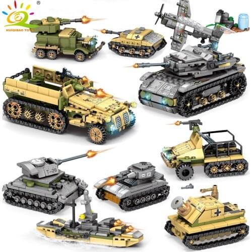 HUIQIBAO TOYS 1061pcs 8in2 Military Tank Building Blocks For Children WW2 Army Soldier Figure Plane Truck Vehicle brick