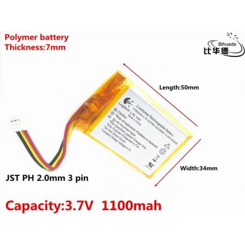 JST PH 2.0mm 3 pin Good Qulity 3.7V,1100mAH,703450 Polymer lithium ion / Li-ion battery for TOY,POWER BANK,GPS,mp3,mp4