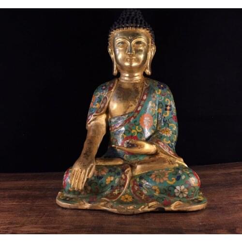 12"Chinese temple collection Old Bronze Cloisonne Enamel Great Buddha Tathagata Buddha statue Amitabha Ornaments Town House