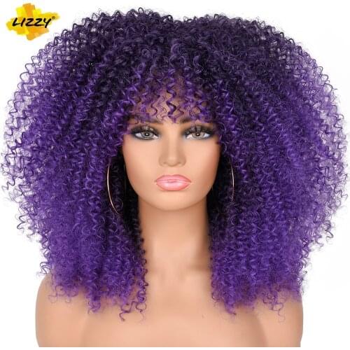 Short Hair Afro Kinky Curly Wigs With Bangs For Black Women African Synthetic 16" Fluffy Black Ombre Blonde Glueless Wigs Lizzy