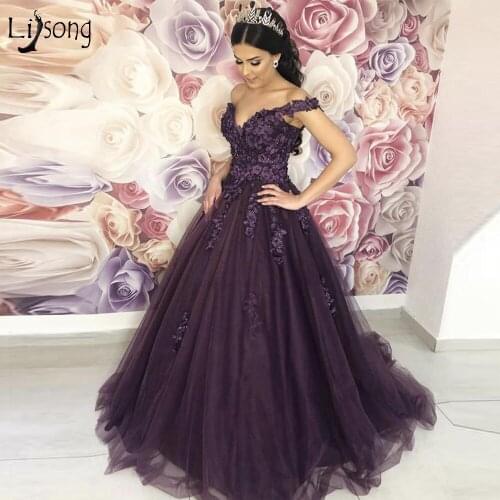 Pretty Dark Purple 3D Flower Evening Dresses Beaded Tutu Prom Gowns Off The Shoulder Elegant Party Dresses Abendkleider 2019