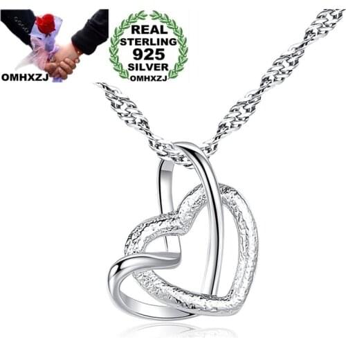OMHXZJ Wholesale NA326 European Fashion Woman Girl Party Birthday Wedding Gift Double Heart 925 Sterling Silver Pendant Necklace