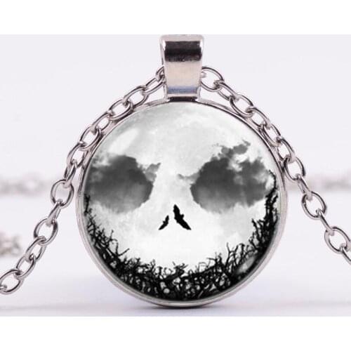 Halloween Scary moon Cabochon Tibetan Silver Glass Chain Pendant Necklace Abstract Skull Sky Glass Necklace Jewelry For Women