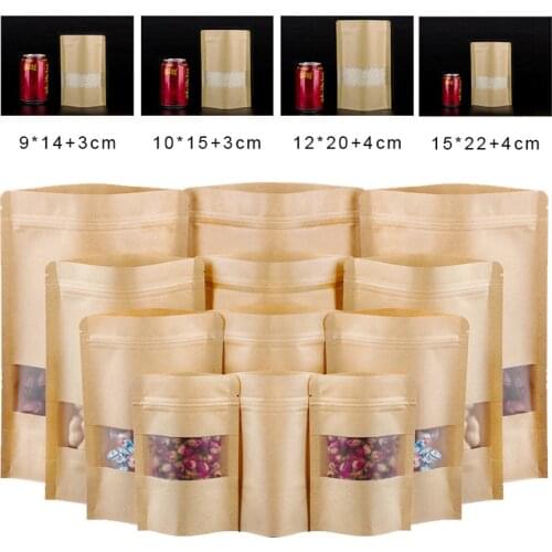 100pcs Packing Zip Kraft Paper Window Bag Stand Up Gift Dried Food Fruit Tea Packaging Pouches Zipper Self Sealing Bags