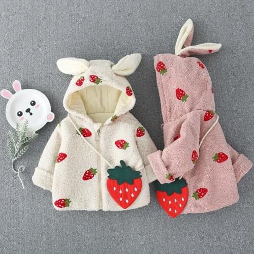 Baby Girls Coats Winter Thicken Korean Strawberry Jackets for Girls Toddler Baby Clothing Cute Bunny Ears Hooded Child Jackets