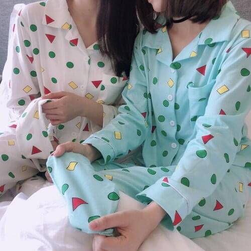 Long-sleeved Pajamas Women Cartoon Sweet and Cute Geometric Home Clothes Womens Pull Frame Cotton Suit