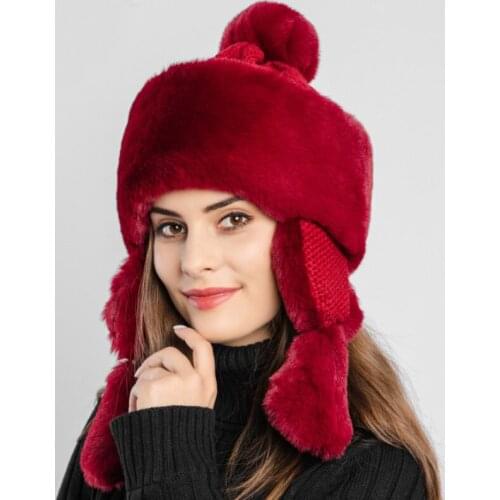 HT2730 Thick Warm Winter Hat Windproof Earflap Cap Women Rabbit Fur Hat Ladies Ski Russian Ushanka Hat Trapper Russian Cap Bomber Hat
