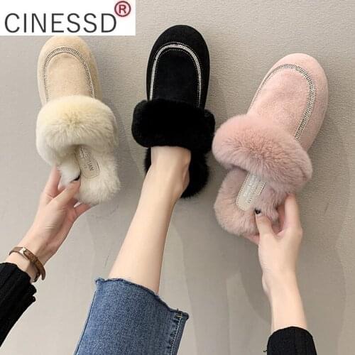 Luxury Faux Suede Home Women Full Fur Slippers Winter Warm Plush Bedroom Non-Slip Couples Shoes Indoor Ladies Furry Slippers