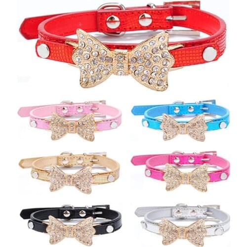 Rhinestone Dog Collars Small Dogs Bling Crystal Bow PU Leather Pet Collar Puppy Cats Necklace Dog Harness Leash Dog Accessories