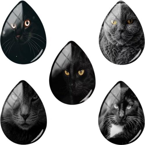 TAFREE Glass Cabochon Dome 18x25mm Water Drop Shaped Black Fashion Pet Cats Art Crafts Pictures Jewelry Findings HL49