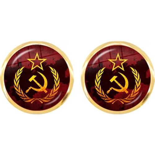 Vintage USSR Soviet Badges Sickle Hammer Stud Earrings CCCP Russia Emblem Communism Sign Glass Cabochon Ear Jewelry For Women