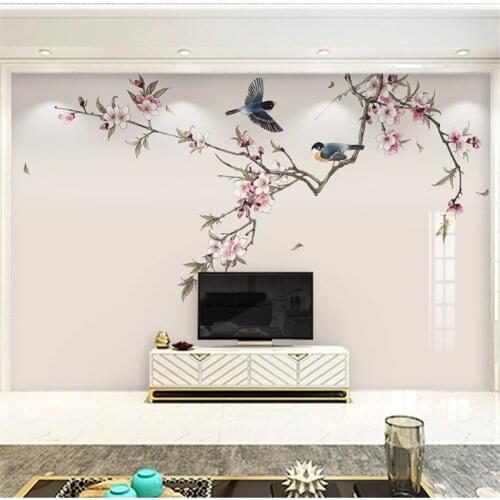 Wellyu Custom large-scale mural modern new Chinese style hand-painted peach blossom brushwork bird and bird background wall