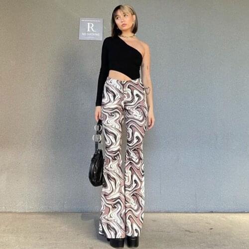 Womens wear 2021 summer new fashion print medium waist slim body show high hip pants pants pants women y2k pants wide leg pant