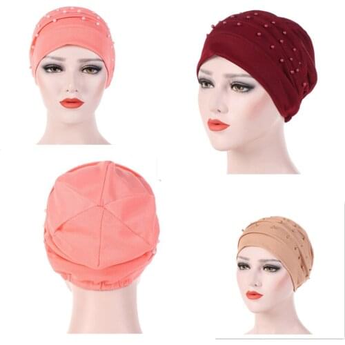 Women Warm Winter Ladies Hat Beanies Head Scarf Beads Head Cap Muslim Turban Hijab Caps Elastic Hair Wrap Keep Accessories Gifts
