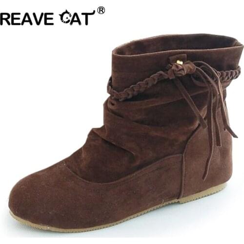 REAVE CAT Women Faux Suede-Leather Fringes Heels Ankle boots Comfort Shoes women Fashion boots Sapatos femininos Tassel QA3211