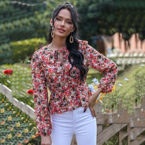 Womens Summer Tops Casual Fashion Printed O Neck Lace Up Ruffled Long Sleeve Small Shirts Elegant Woman Office T Shirt Tops