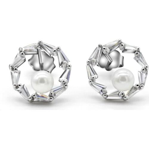 Pearl Earrings 925 Sterling Silver Round Shape Freshwater Pearl CZ Stud Earrings for Women Wedding Engagement Jewelry
