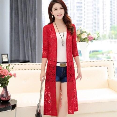 2021 Summer Mid-Length Hollow Out Lace Cardigan Women Plus Size Long Sleeve Shawl Thin Sun Protection Clothing Ladies 4XL H1319