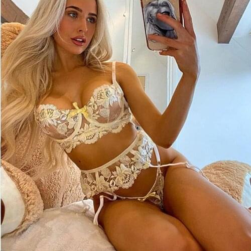 Women Floral Embroidery Underwear Set Sexy Lingerie Underwire Bra Set 2 Piece with Waistband Lingere Set